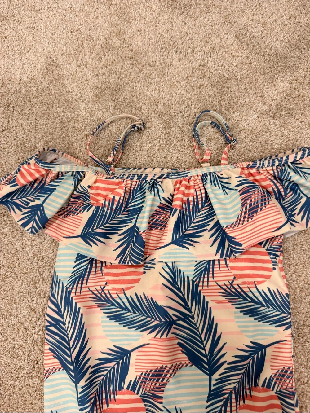 Tropical Off-Shoulder One-Piece Swimsuit - Coral & Navy Leaf Print